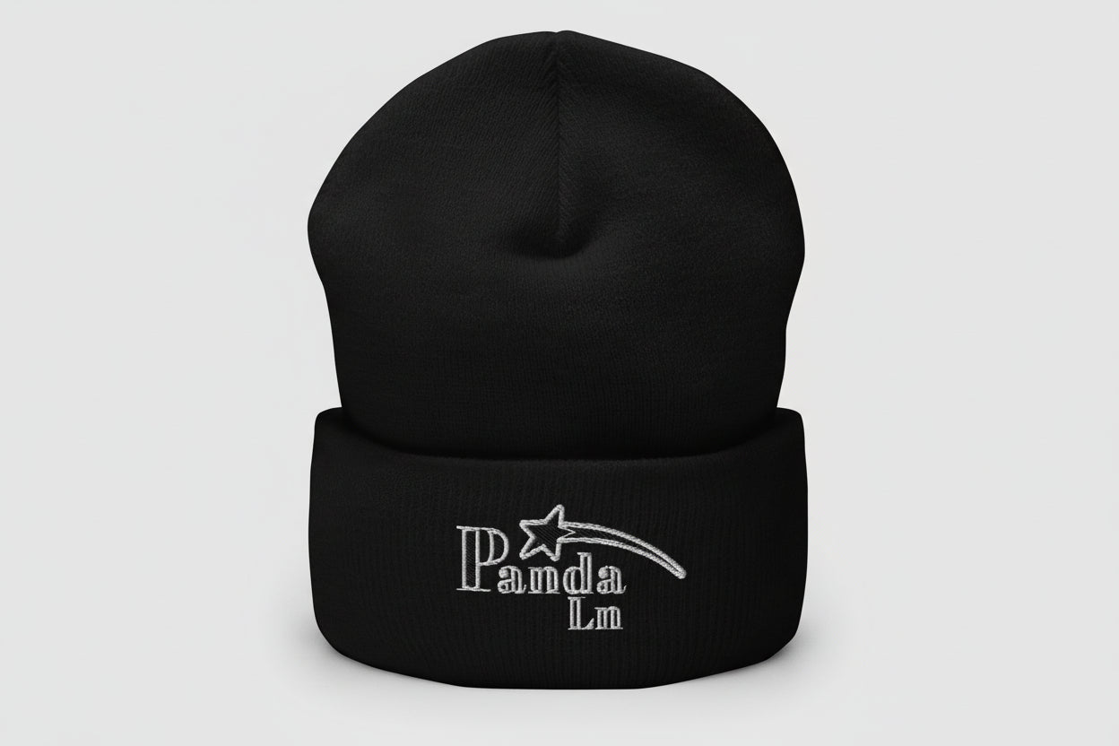 Black beanie with 'Panda Ln' logo on a white background