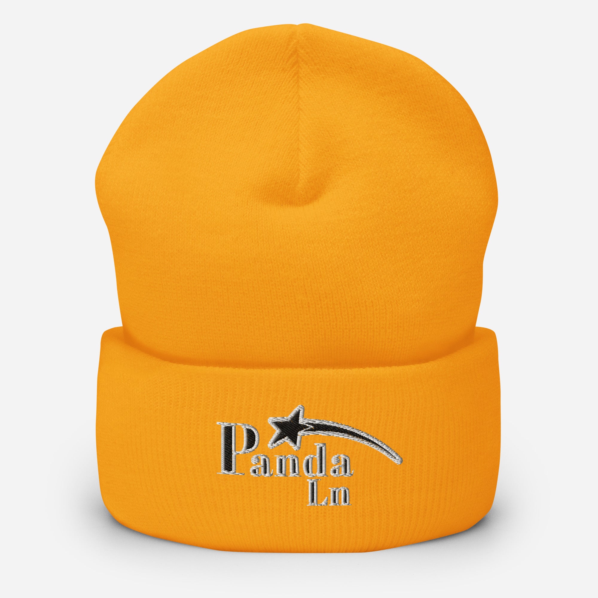 Orange beanie with 'PandaLn' logo on a white background