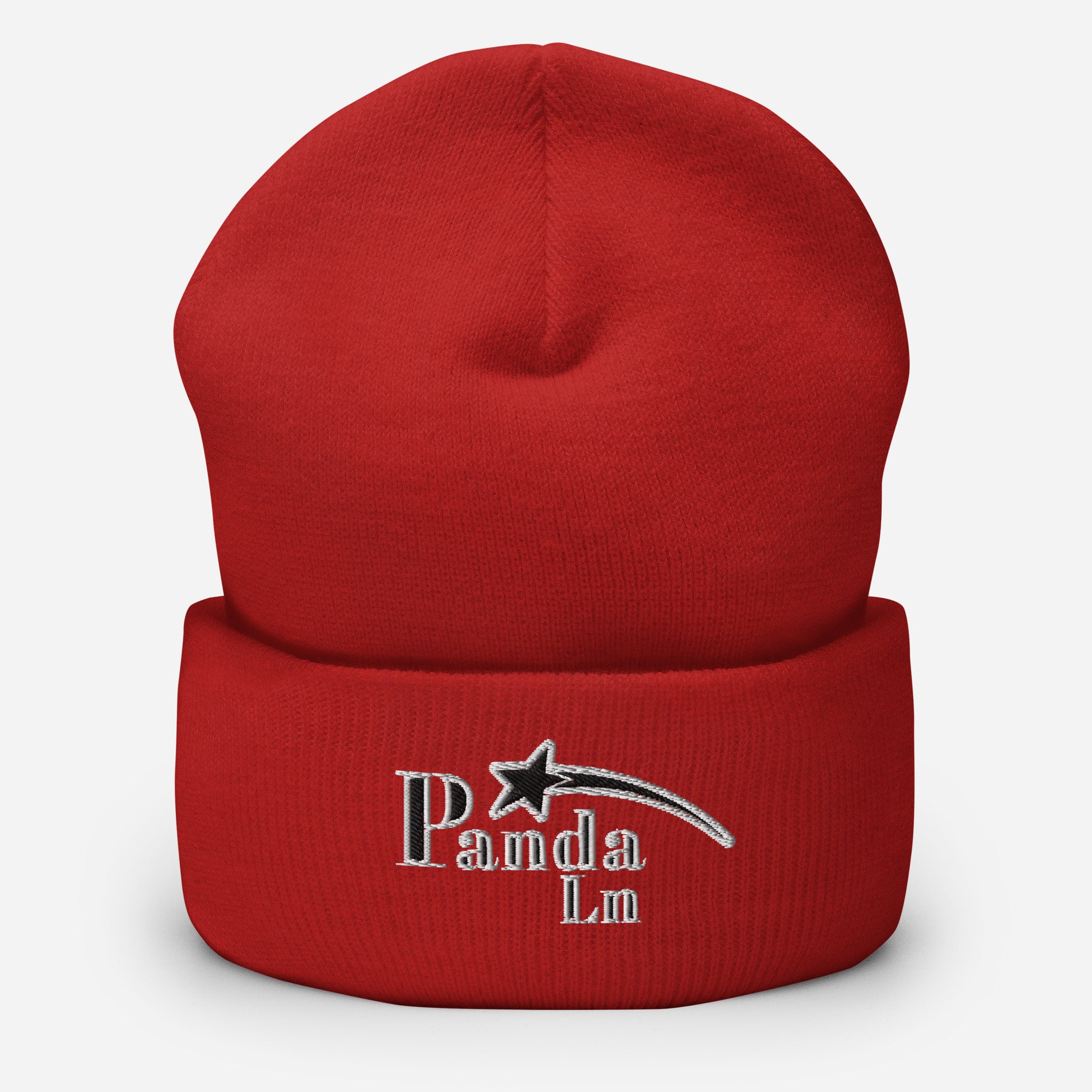 Red beanie with 'PandaLn' logo on a white background