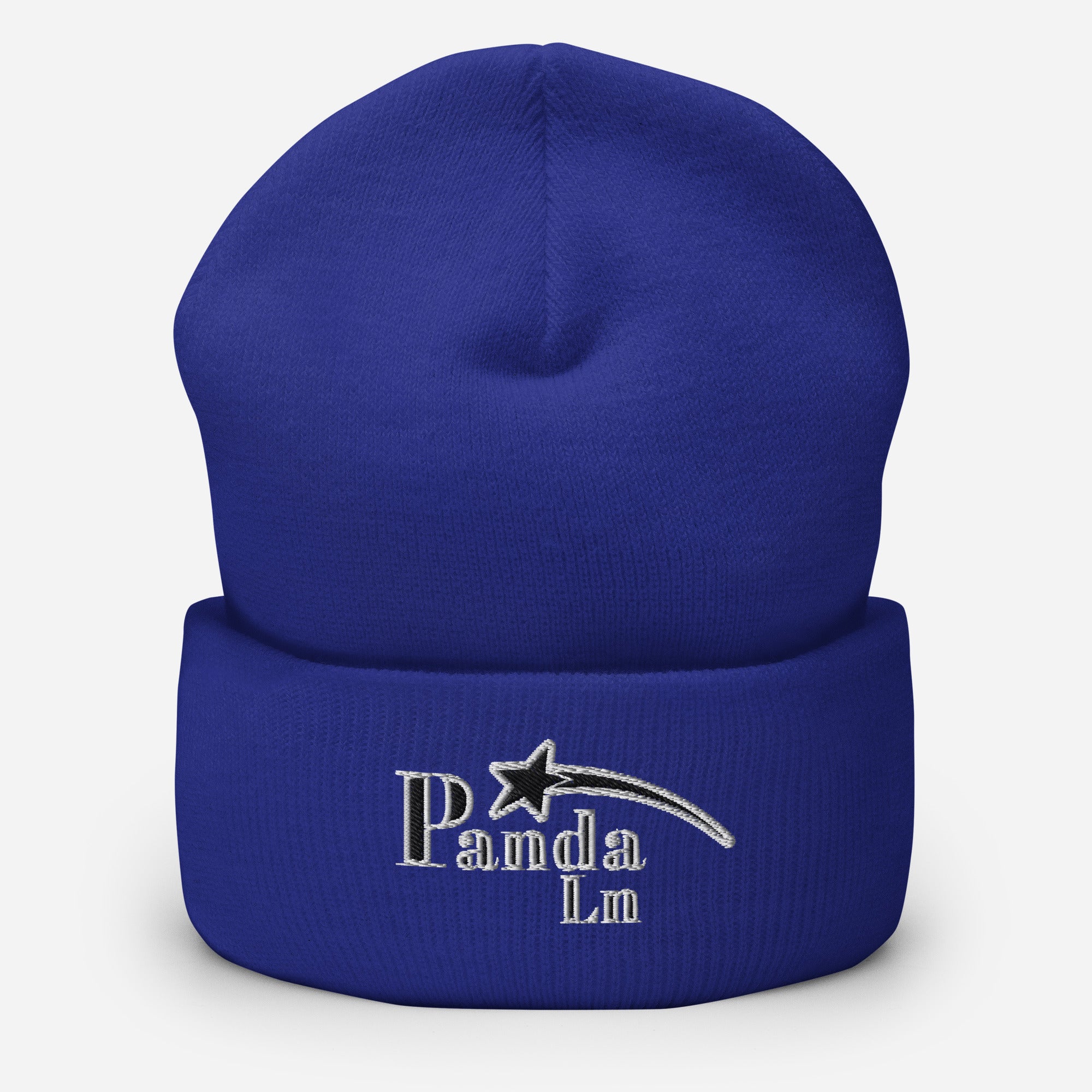 Blue beanie with 'PandaLn' logo on a white background